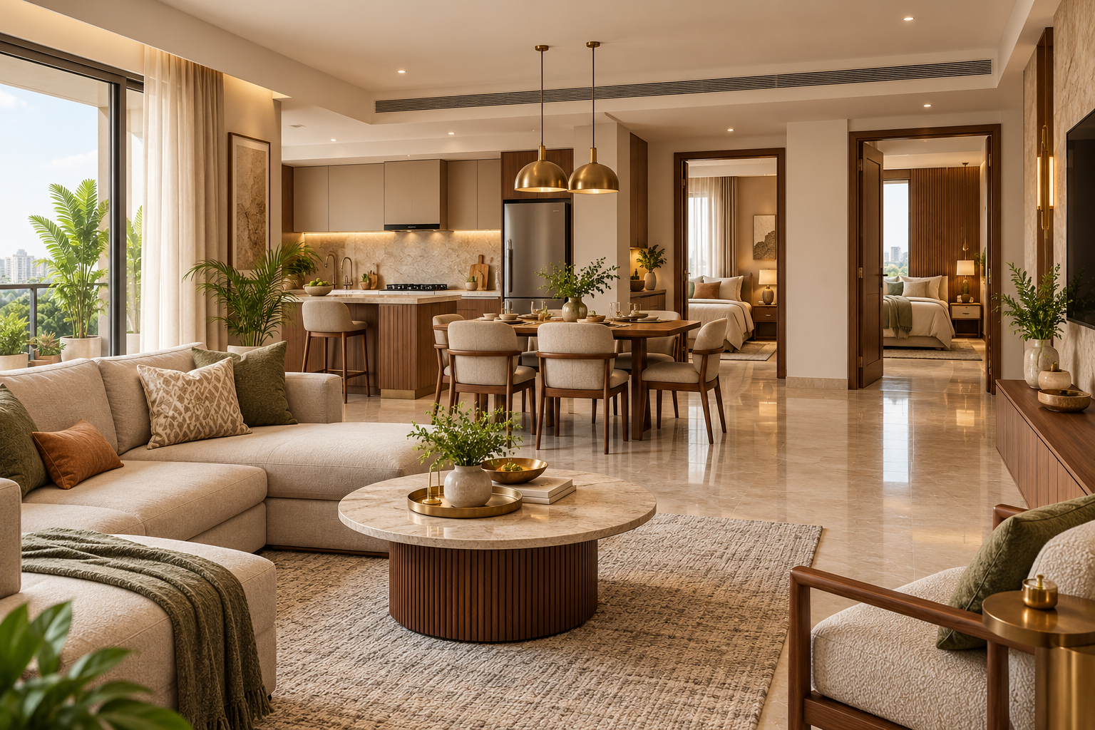 3D interior visualization of a two-bedroom home with living room, dining area, kitchen and two bedrooms