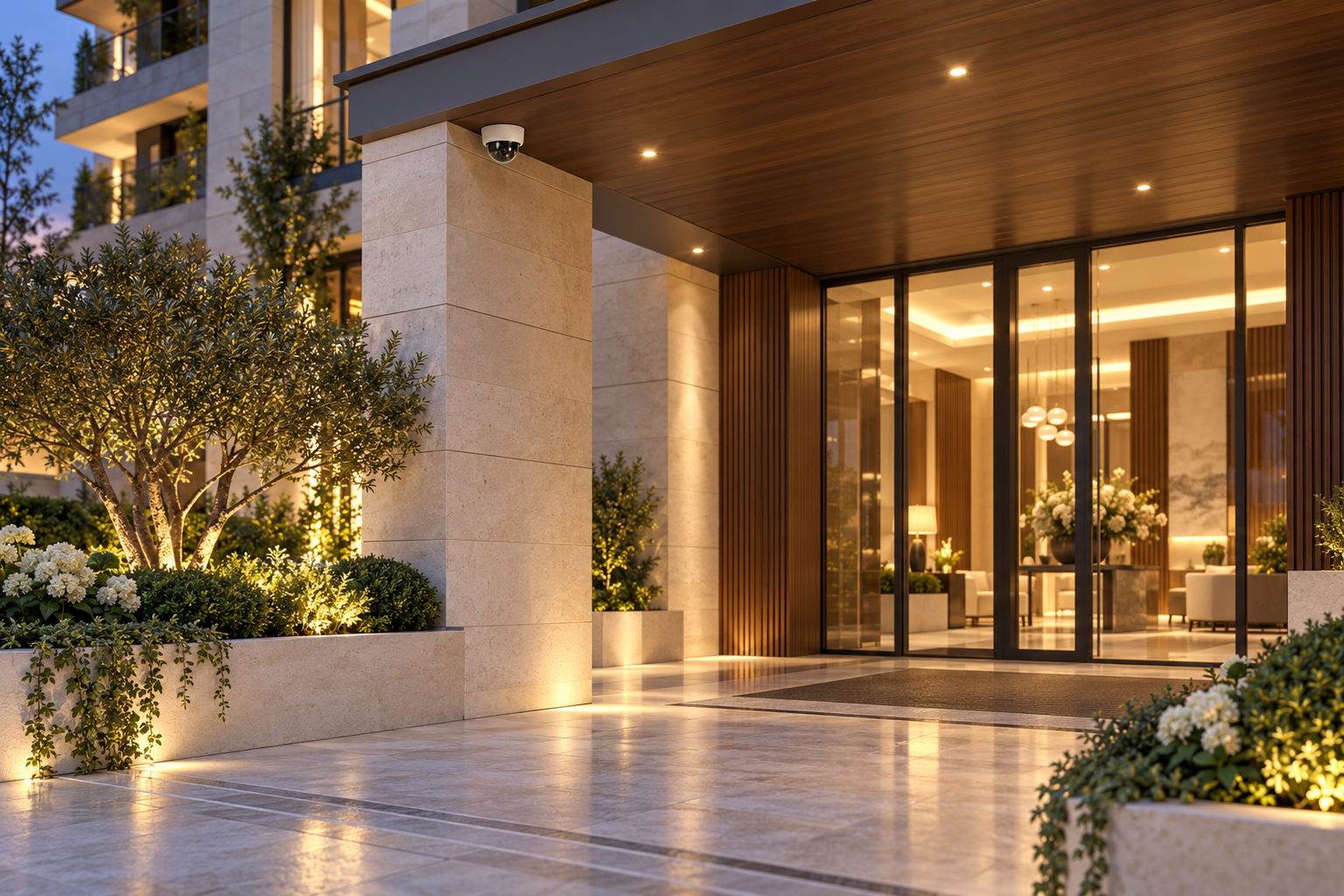 3D visualization of a residential entrance with CCTV security