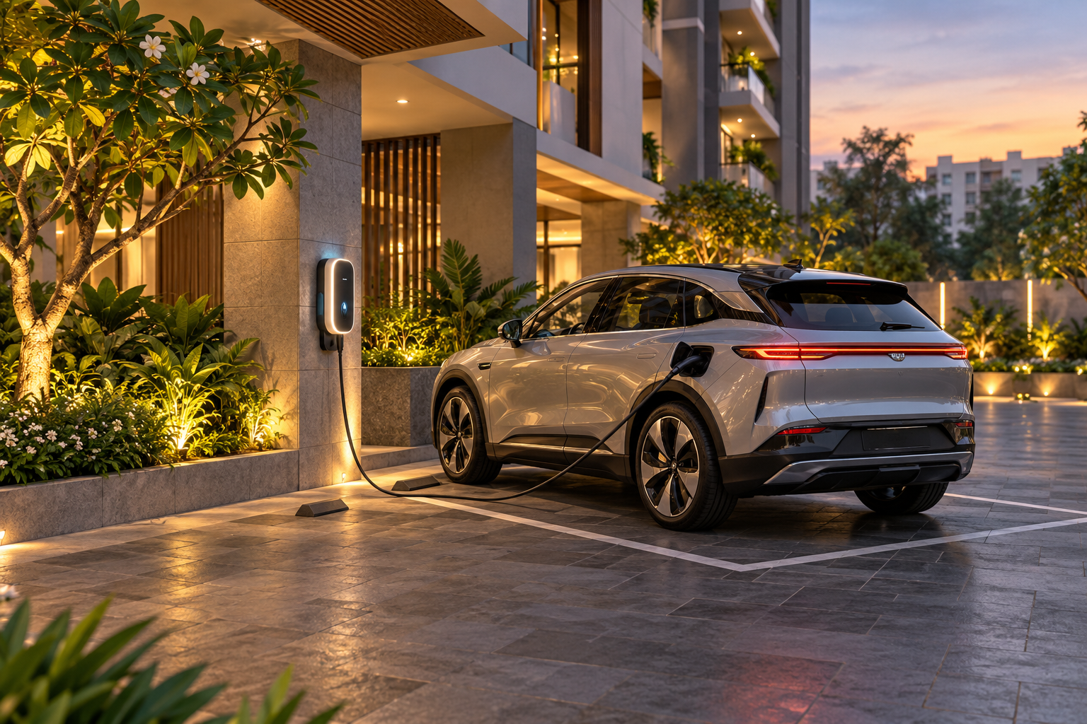 3D visualization of an electric vehicle at a residential charging bay
