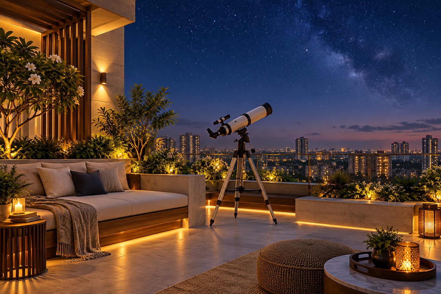 3D visualization of a rooftop stargazing nook at twilight