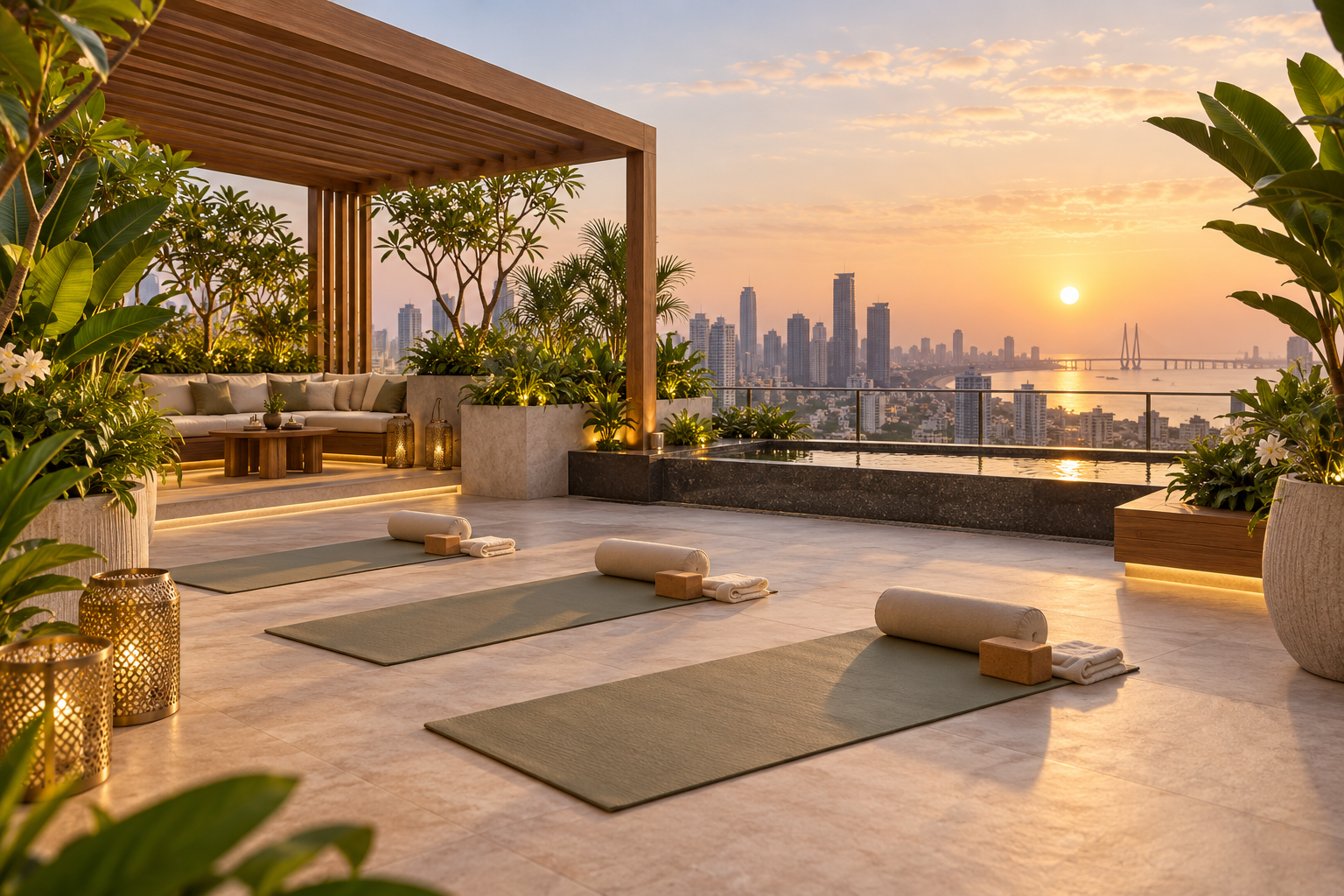 3D visualization of a rooftop yoga and relaxation deck at sunrise